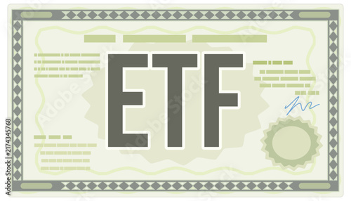 ETF exchange traded fund share certificate representing stock market index investing, diversified portfolio assets, and financial equity growth (cut out)