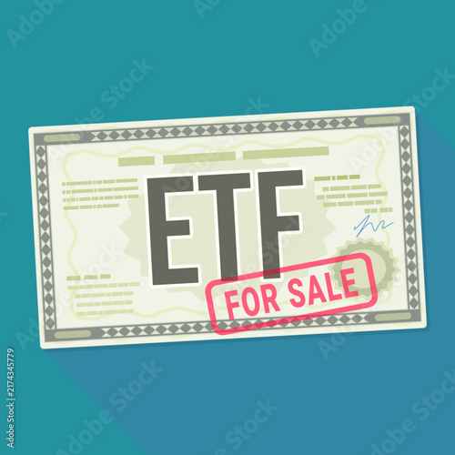 ETF exchange traded fund certificate with For Sale stamp on teal background representing secondary market trading, asset liquidation, and index portfolio divestment