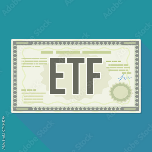 ETF exchange traded fund share certificate on teal background representing stock market index investing, diversified portfolio assets, and financial equity growth