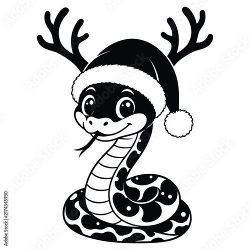 Cute Christmas Snake Wearing Santa Hat and Reindeer Antlers Vector Illustration