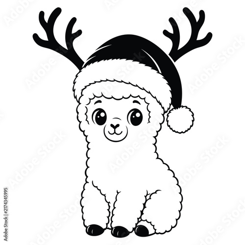 Cute Christmas Alpaca Wearing Santa Hat and Reindeer Antlers Vector Illustration