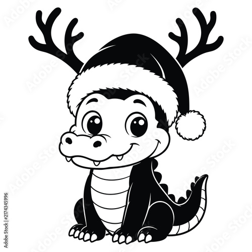Cute Christmas Alligator with Santa Hat and Reindeer Antlers Vector Illustration