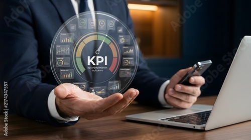 Key performance indicators dashboard with radial gauge and charts illustration