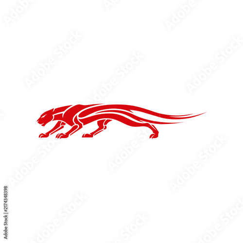Abstract Red Running Panther Speed Symbol with Dynamic Racing Lines Isolated on White