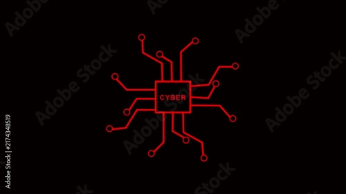Red Neon Microchip Circuit Animation on Black Background