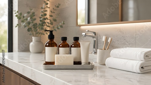 Bathroom counter with soap and shampoo bottles