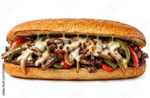 Fresh toasted meat sub sandwich with vegetables and sauce