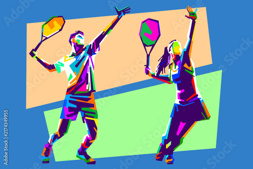 Vibrant vector illustration set of male and female tennis players in action in WPAP pop art style with colorful geometric shapes.