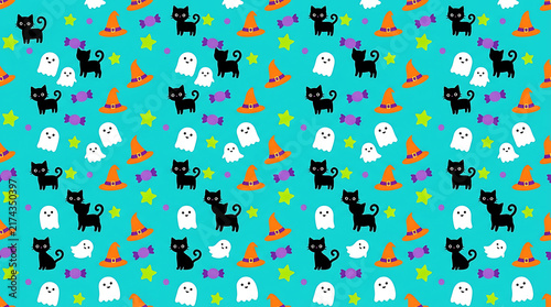 Halloween pattern with black cats, ghosts, and witch hats on teal background