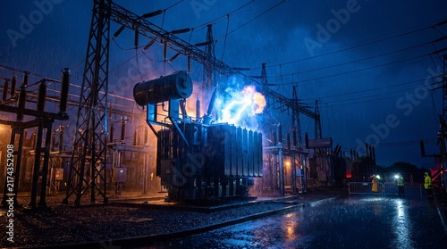 Electrical transformer explosion at power substation with bright blue electric arc and sparks at night