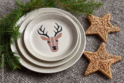 Vibrant reindeer face plates with fresh pine elements create festive table settings.