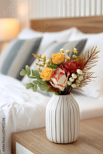 White ceramic vase filled with colorful blossoms stands on a wooden nightstand in a clean and stylish contemporary bedroom.
