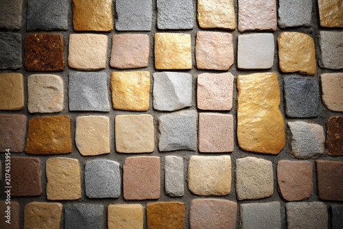 Overhead shot of textured cobblestone pavement showcasing a variety of colors and shapes, creating a visually appealing surface for urban environments and design projects
