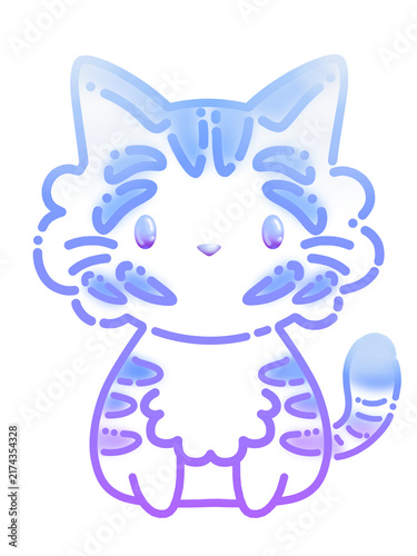 Cute blue chibi cat vector illustration. Adorable pastel blue tabby kitten character asset. Kawaii blue stripe cartoon cat graphic design for stickers, children, emojis, gaming, cute pattern designs.