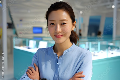 Confident middle-aged Asian shop assistant dressed in a blue fashionable blouse stands in bright retail environment, representing skill, experience, and quality service.