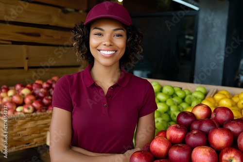 Young African woman vendor smiling while showcasing fresh apples and fruits in a vibrant market, creating an inviting atmosphere for customers and enhancing the shopping experience