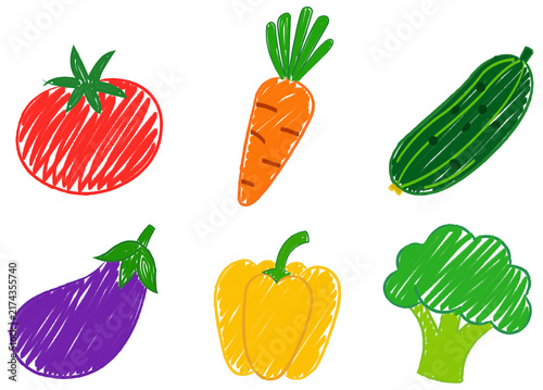 Vibrant vegetable illustrations in a felt-tip pen hatching style. Tomato, carrot, cucumber, eggplant, bell pepper, and broccoli isolated on a transparent background