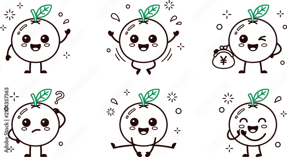 Fototapeta premium Cute orange fruit mascot character vector set featuring funny citrus emoticons with happy, jumping, confused, and money saving expressions in minimal line art style.