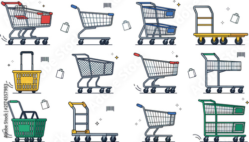 Foto Shopping cart and supermarket trolley vector icon set featuring grocery store wire baskets, double decker carts, and rolling platform hand trucks in line art style