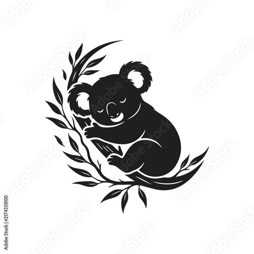 Photography Baby koala silhouette sleeping inside a crescent moon shaped leafy branch