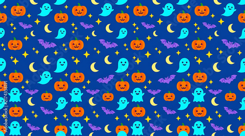 Halloween pattern with pumpkins ghosts bats moons and stars for holiday decoration and spooky party backgrounds