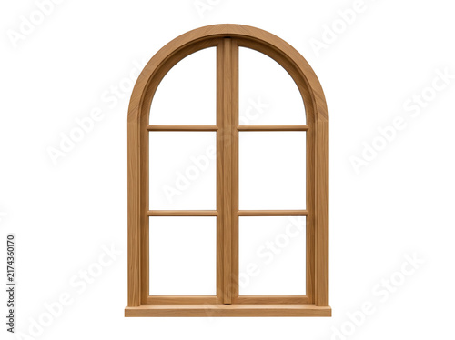 Arched wooden window frame with mullion bars for design, isolated on transparent background
