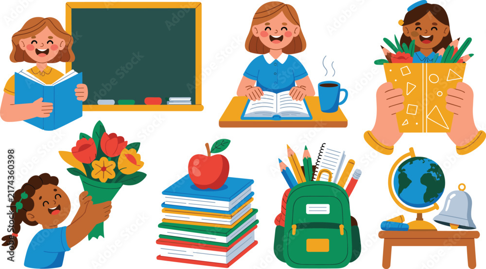 Fototapeta premium Cute school education illustrations featuring teachers, students, books, backpack, apple, flowers, pencils, globe and classroom supplies