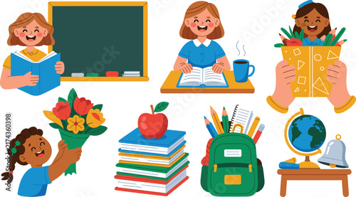 Foto Cute school education illustrations featuring teachers, students, books, backpac