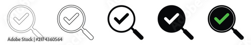 Search verification checkmark icon set. Magnifying glass with approval symbol. Vector illustration.
