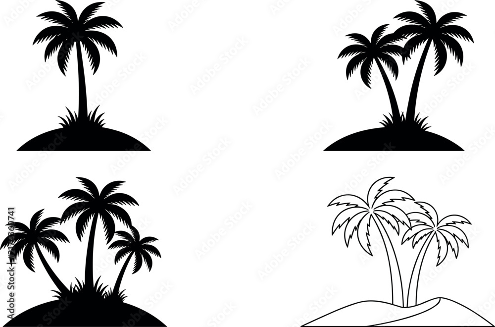Fototapeta premium Palm Tree Silhouette And Line Icon Set Featuring Tropical Island Beach Vector Illustration