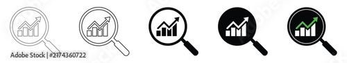 Data analysis icon with magnifying glass. Business growth chart arrow analytics icon. chart icon symbolizing data analysis, business performance tracking, dashboard reporting. Vector illustration.