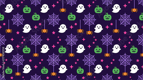Halloween pattern with pumpkins, ghosts, spiders, and cobwebs