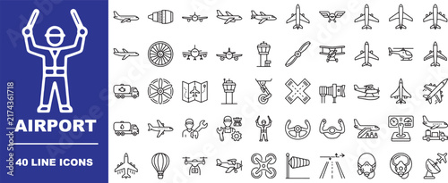 Set of 40 airport and aviation line icons featuring airplanes, helicopters, drones, ground crew, control towers, and flight equipment for travel and logistics design