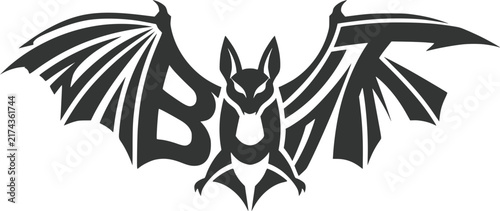 Dark gray silhouette of a flying bat with sharp, angular wing details and an integrated letter b shape on a plain white background