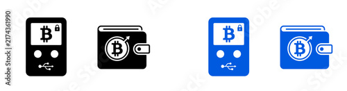 Foto Set of bitcoin hardware wallet and digital money icons in black and blue