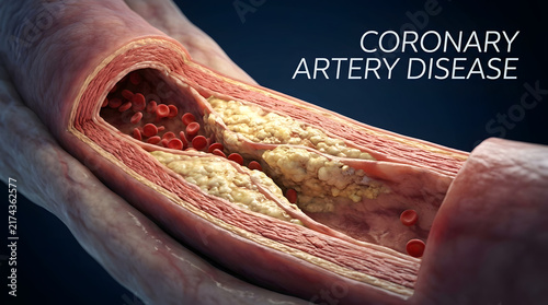 Coronary artery disease medical visualization showing plaque buildup inside blood vessel