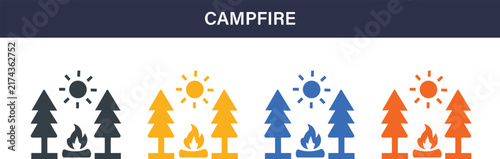 Campfire Solid Icon Set. Camping, fire, outdoor, adventure, nature and wilderness vector icons.