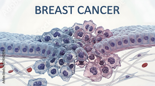 Breast cancer cellular illustration showing abnormal cell growth and tissue changes