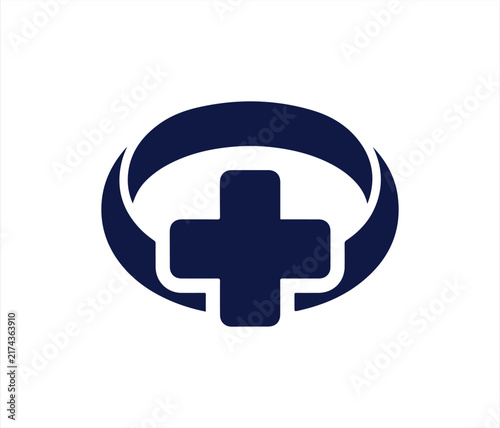 Obraz na plátne Medical cross emblem with curved orbital lines in navy blue showing global health protection and care symbol