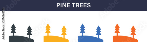Pine Trees Solid Icon Set. Evergreen forest, nature, woodland, tree and outdoor landscape vector icons.