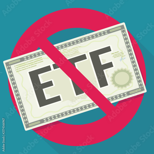 ETF exchange traded fund certificate with red prohibition sign on teal background representing investment ban, strict financial regulations, and portfolio divestment