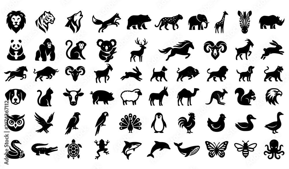Obraz premium Animal logo collection with wildlife pet and mascot vector icons for modern branding