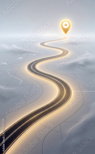 A winding road leading toward a glowing yellow location pin marker