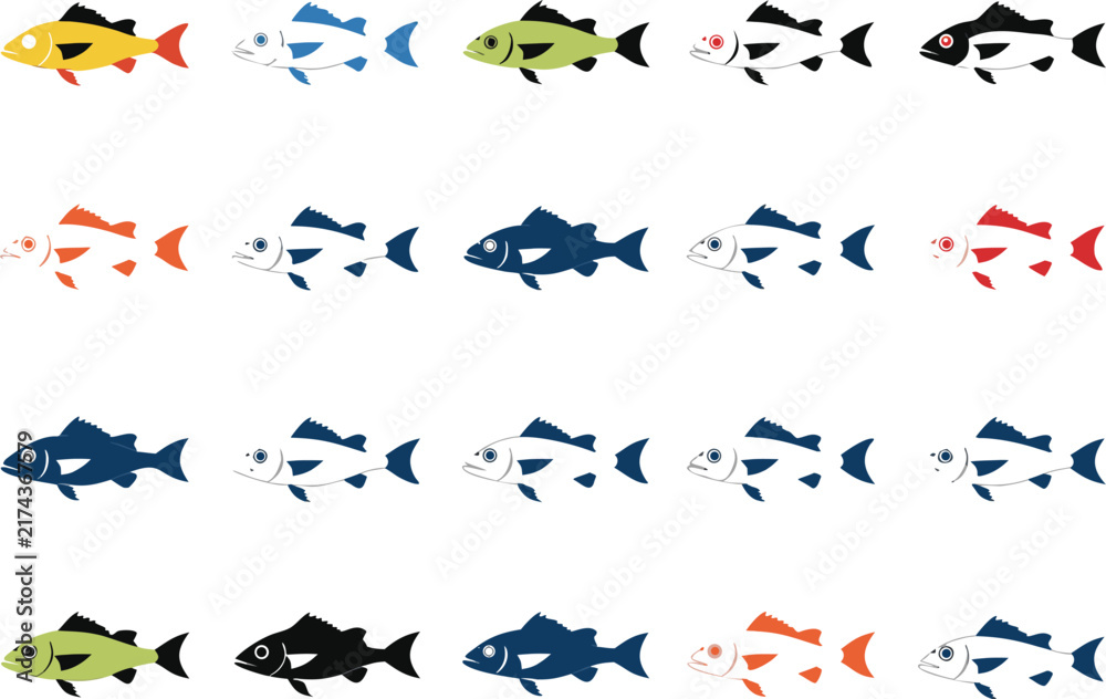 Fototapeta premium Mega collection of 20 freshwater and saltwater fish silhouettes solid black shapes vector 20 Fishing Line Icon Illustration Set