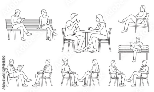 Public Park Cafe Seating Human Figures Vector Set Architectural CAD Outlines Scale People