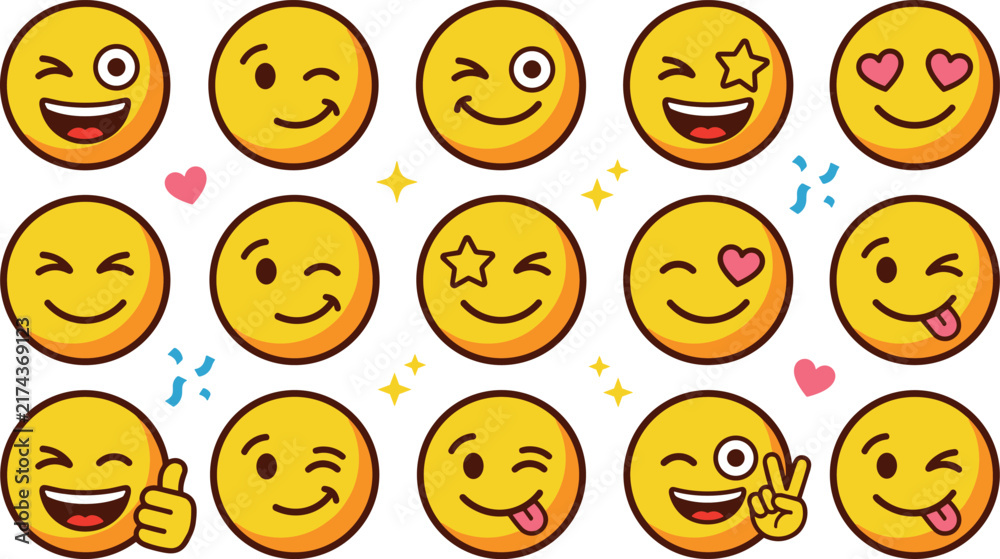 Fototapeta premium Yellow emoji emoticon character vector sticker set featuring cute winking smiling laughing and happy faces with tongue out on white background