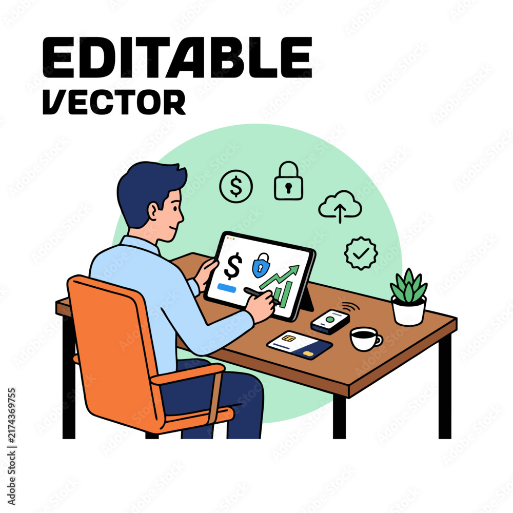 Fototapeta premium Man analyzing financial data and stock market charts on computer screen vector illustration