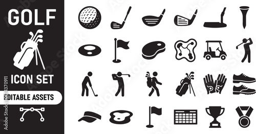 Set of black golf icons featuring balls clubs and players