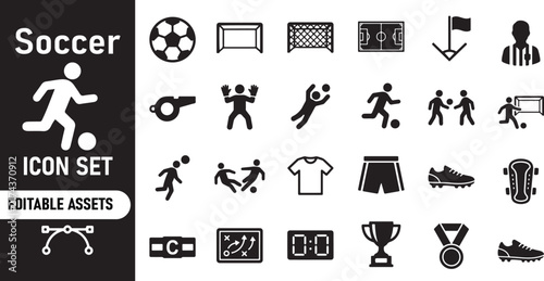 Set of black soccer icons for sports and football games