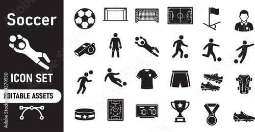Set of black soccer sports icons for football game design